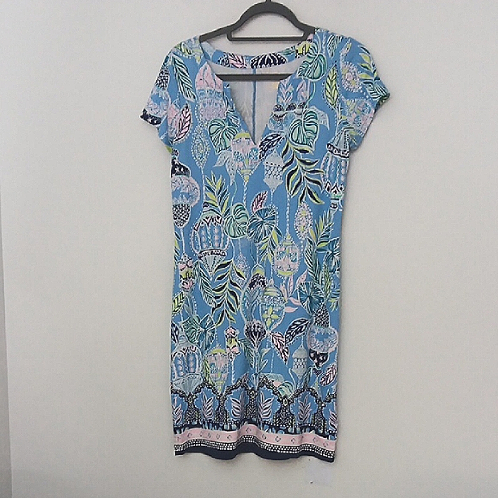 Lilly‎ Pulitzer Sophiletta Dress* Sz Small Blue Sheath V-Neck Short Sleeve Mini